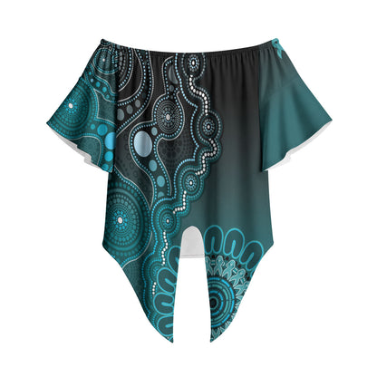 Personalised Ovarian Cancer Support Off Shoulder Wrap Waist Top Teal Ribbon Aboriginal Art