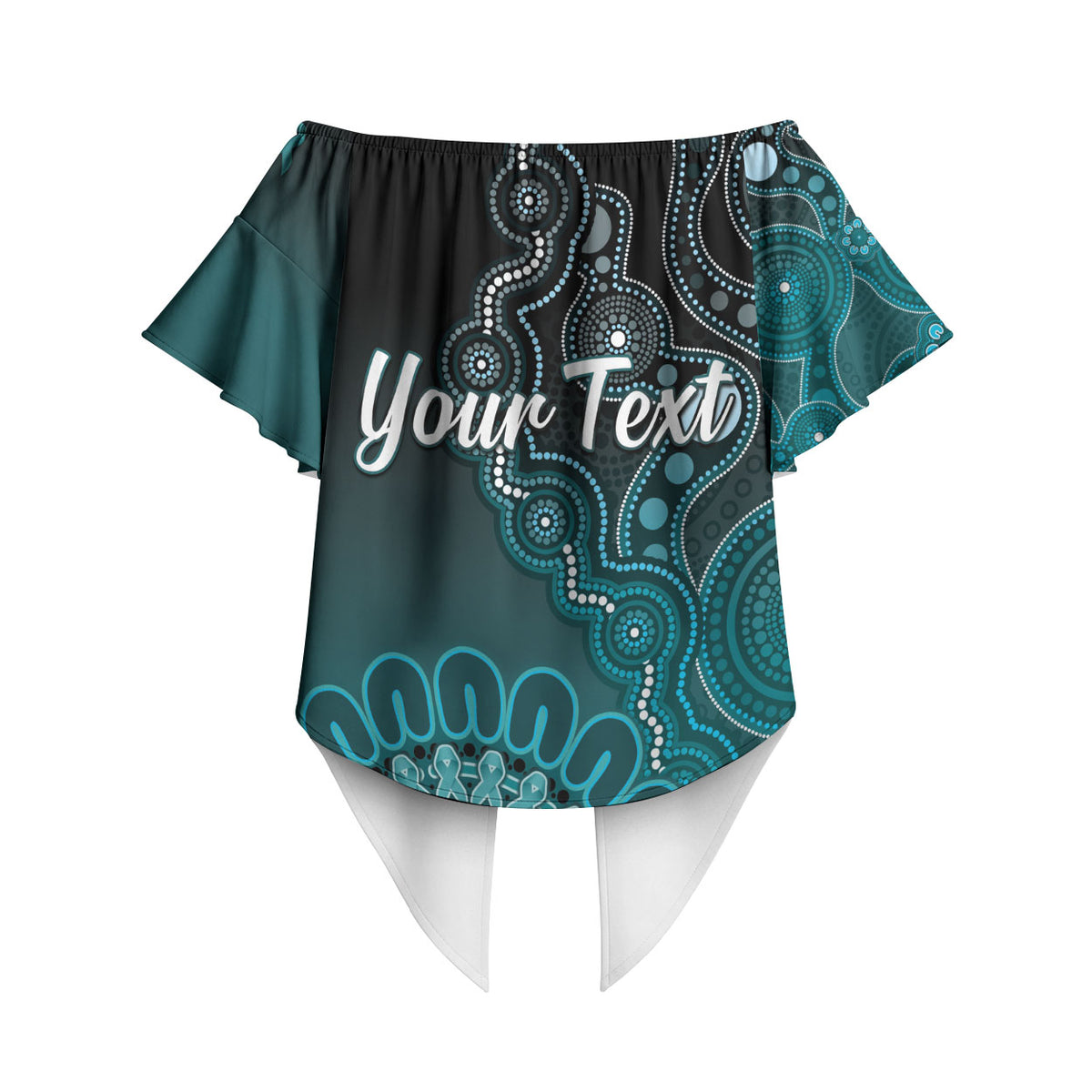 Personalised Ovarian Cancer Support Off Shoulder Wrap Waist Top Teal Ribbon Aboriginal Art