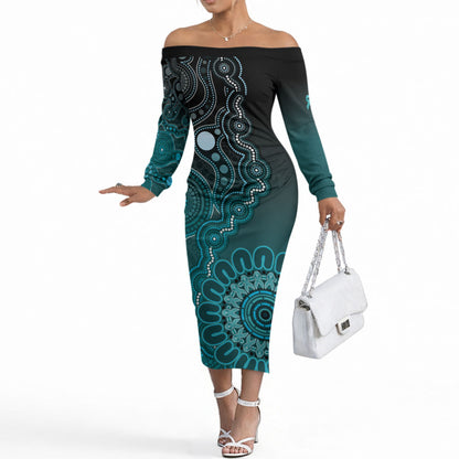 Personalised Ovarian Cancer Support Off The Shoulder Long Sleeve Dress Teal Ribbon Aboriginal Art
