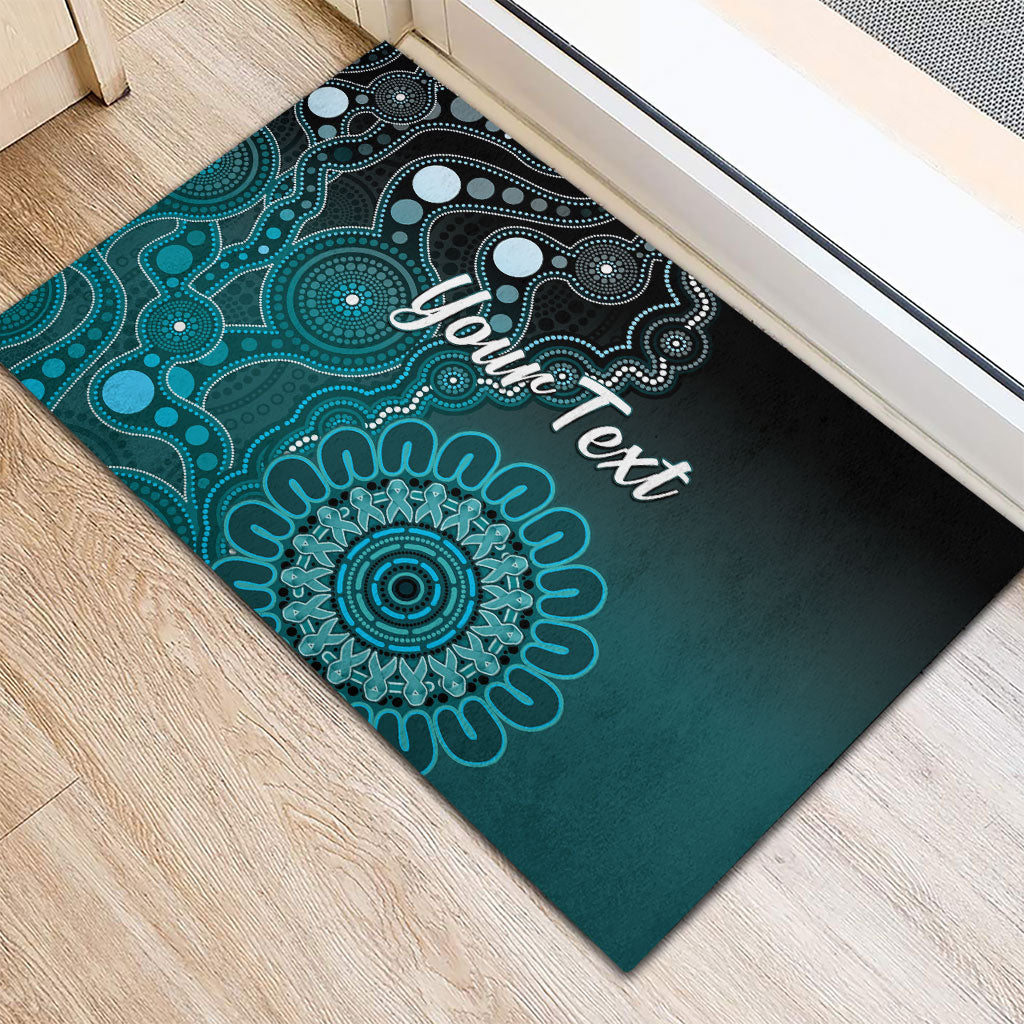 Personalised Ovarian Cancer Support Rubber Doormat Teal Ribbon Aboriginal Art