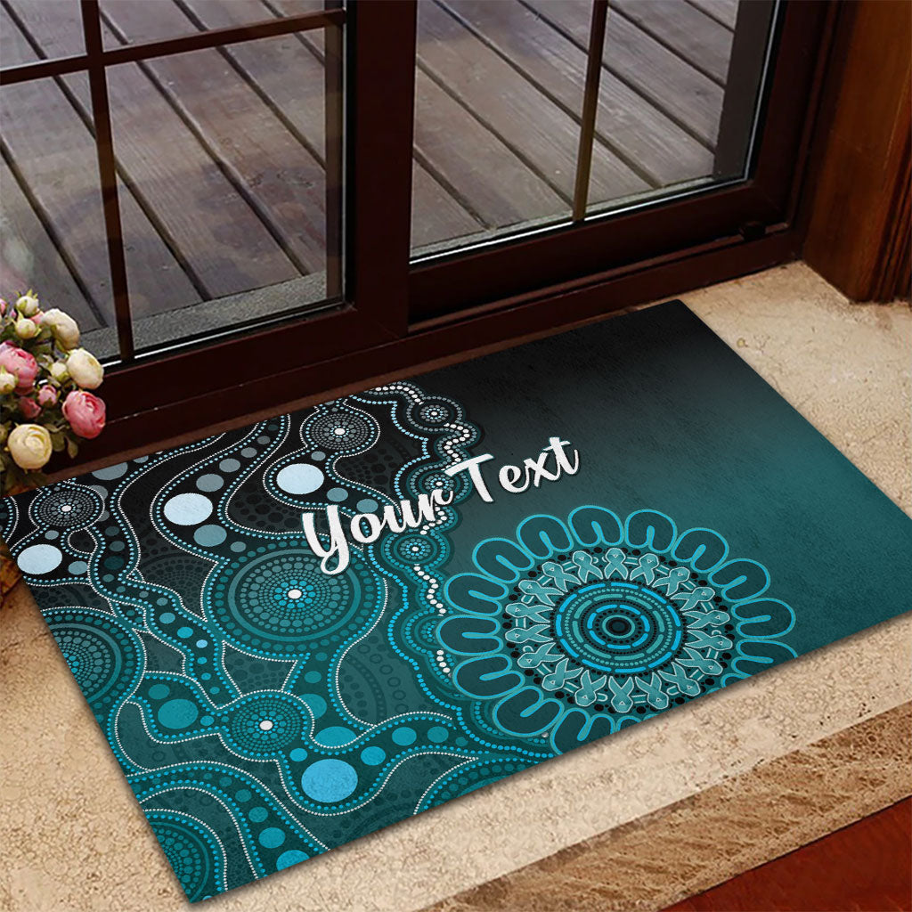 Personalised Ovarian Cancer Support Rubber Doormat Teal Ribbon Aboriginal Art
