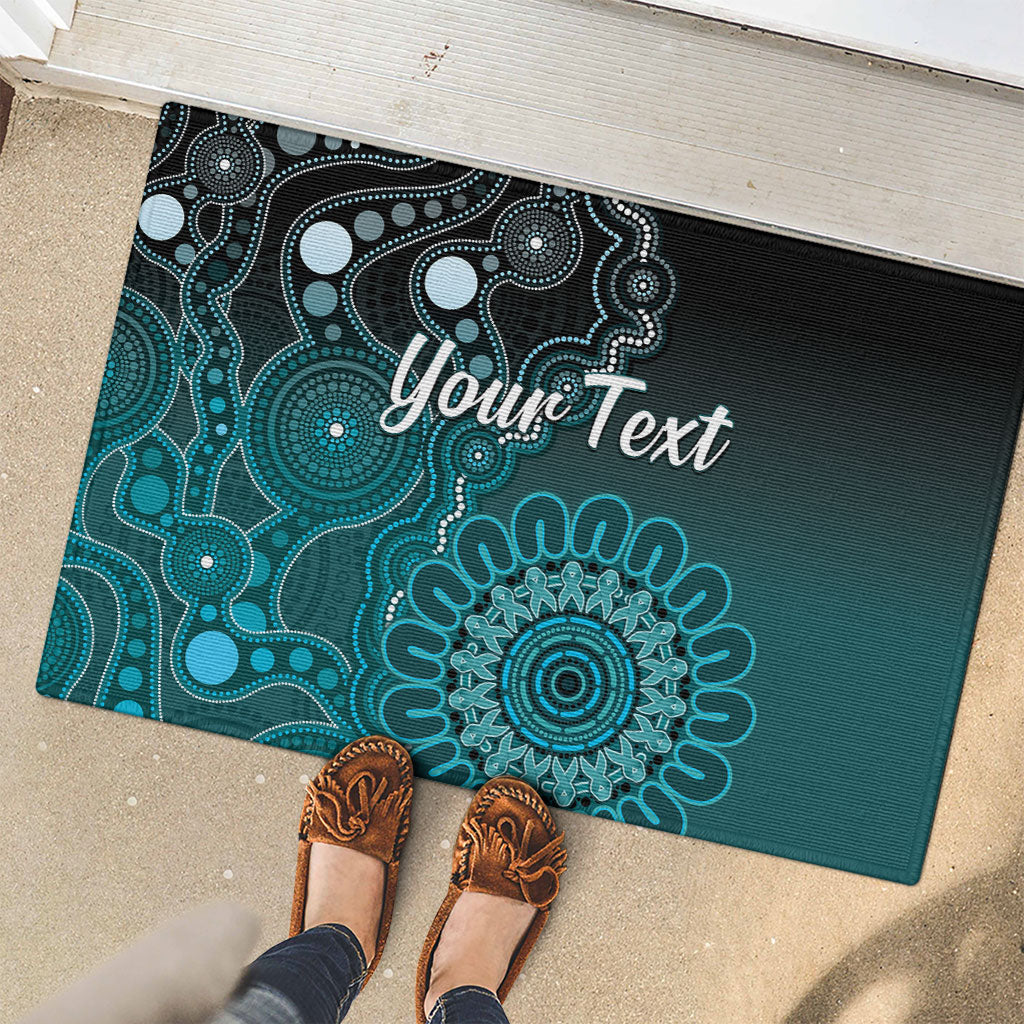 Personalised Ovarian Cancer Support Rubber Doormat Teal Ribbon Aboriginal Art