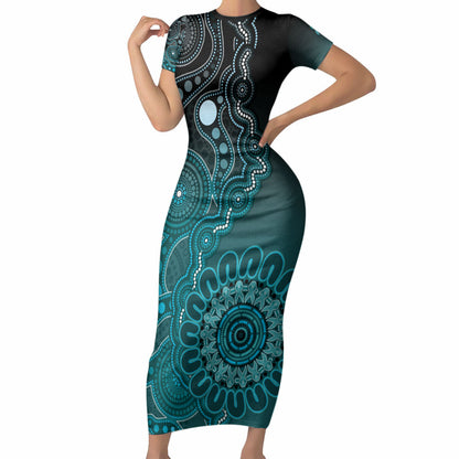 Personalised Ovarian Cancer Support Short Sleeve Bodycon Dress Teal Ribbon Aboriginal Art