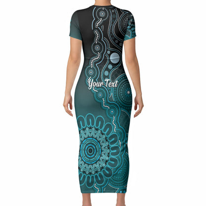 Personalised Ovarian Cancer Support Short Sleeve Bodycon Dress Teal Ribbon Aboriginal Art
