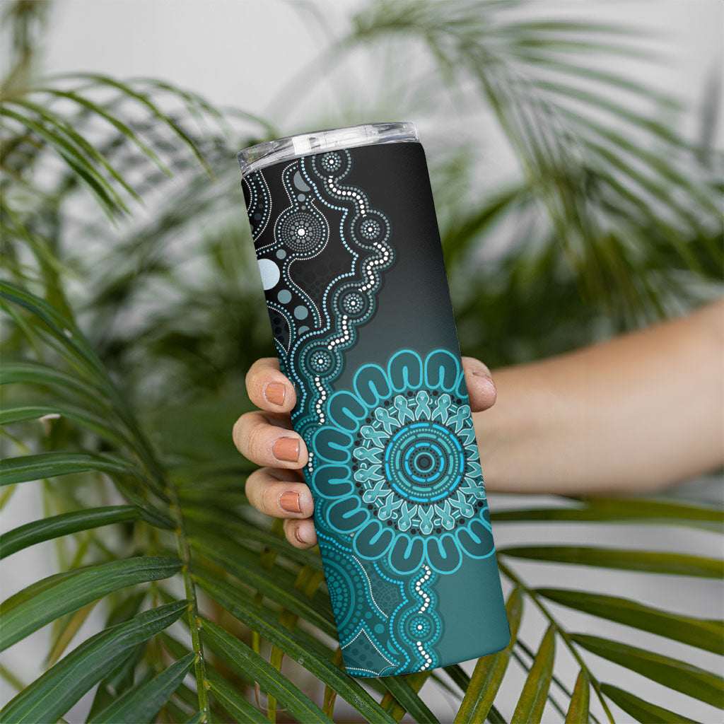 Personalised Ovarian Cancer Support Skinny Tumbler Teal Ribbon Aboriginal Art
