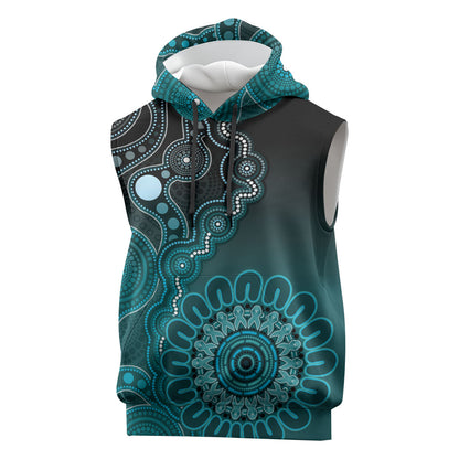 Personalised Ovarian Cancer Support Sleeveless Hoodie Teal Ribbon Aboriginal Art