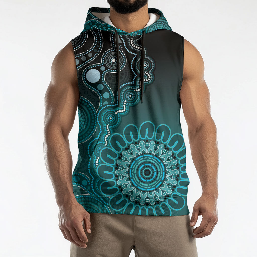 Personalised Ovarian Cancer Support Sleeveless Hoodie Teal Ribbon Aboriginal Art