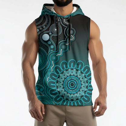 Personalised Ovarian Cancer Support Sleeveless Hoodie Teal Ribbon Aboriginal Art