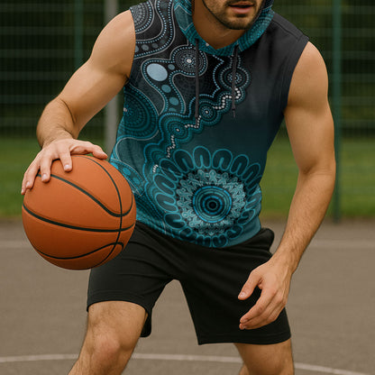 Personalised Ovarian Cancer Support Sleeveless Hoodie Teal Ribbon Aboriginal Art