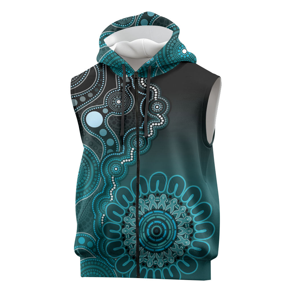Personalised Ovarian Cancer Support Sleeveless Zip Hoodie Teal Ribbon Aboriginal Art