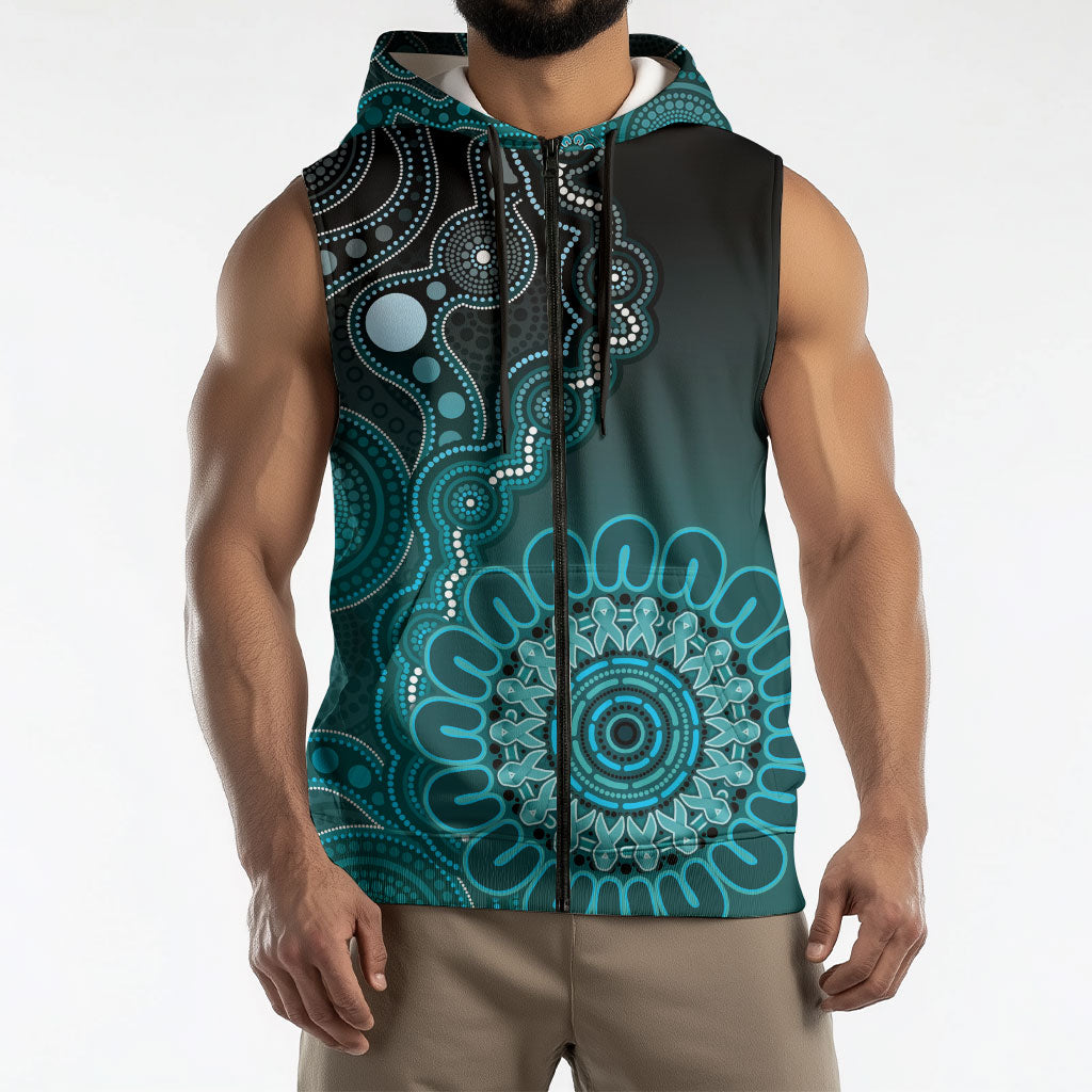 Personalised Ovarian Cancer Support Sleeveless Zip Hoodie Teal Ribbon Aboriginal Art