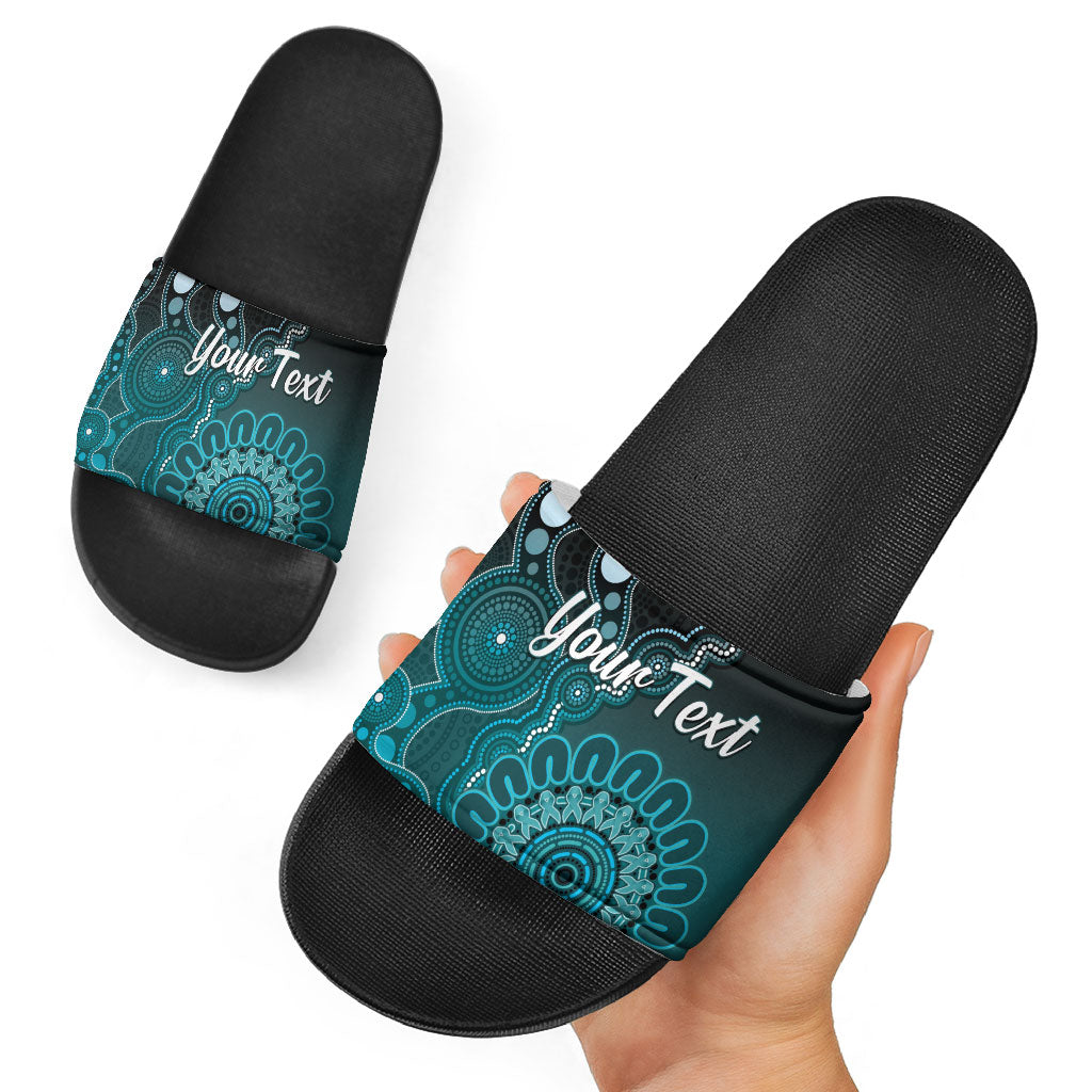 Personalised Ovarian Cancer Support Slide Sandals Teal Ribbon Aboriginal Art