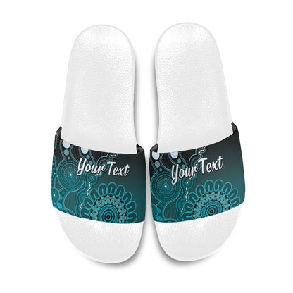 Personalised Ovarian Cancer Support Slide Sandals Teal Ribbon Aboriginal Art