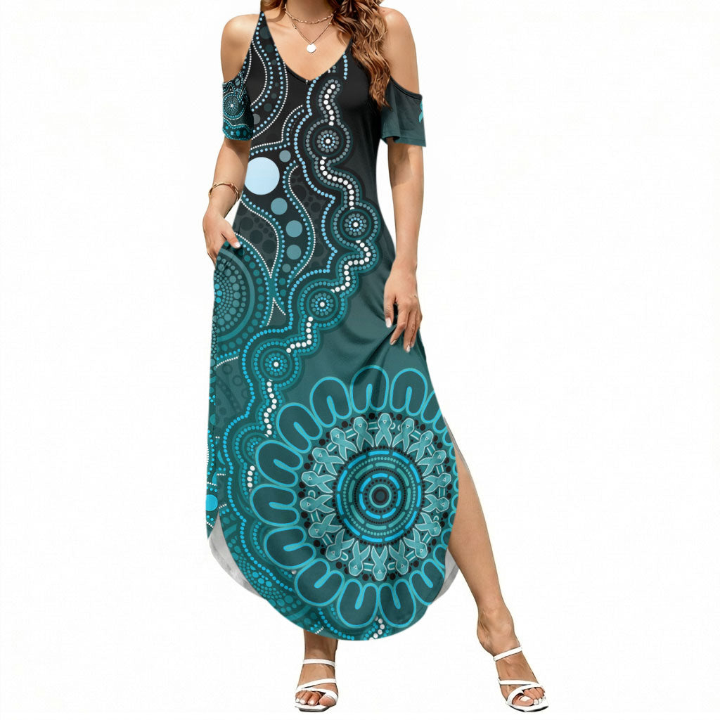 Personalised Ovarian Cancer Support Summer Maxi Dress Teal Ribbon Aboriginal Art