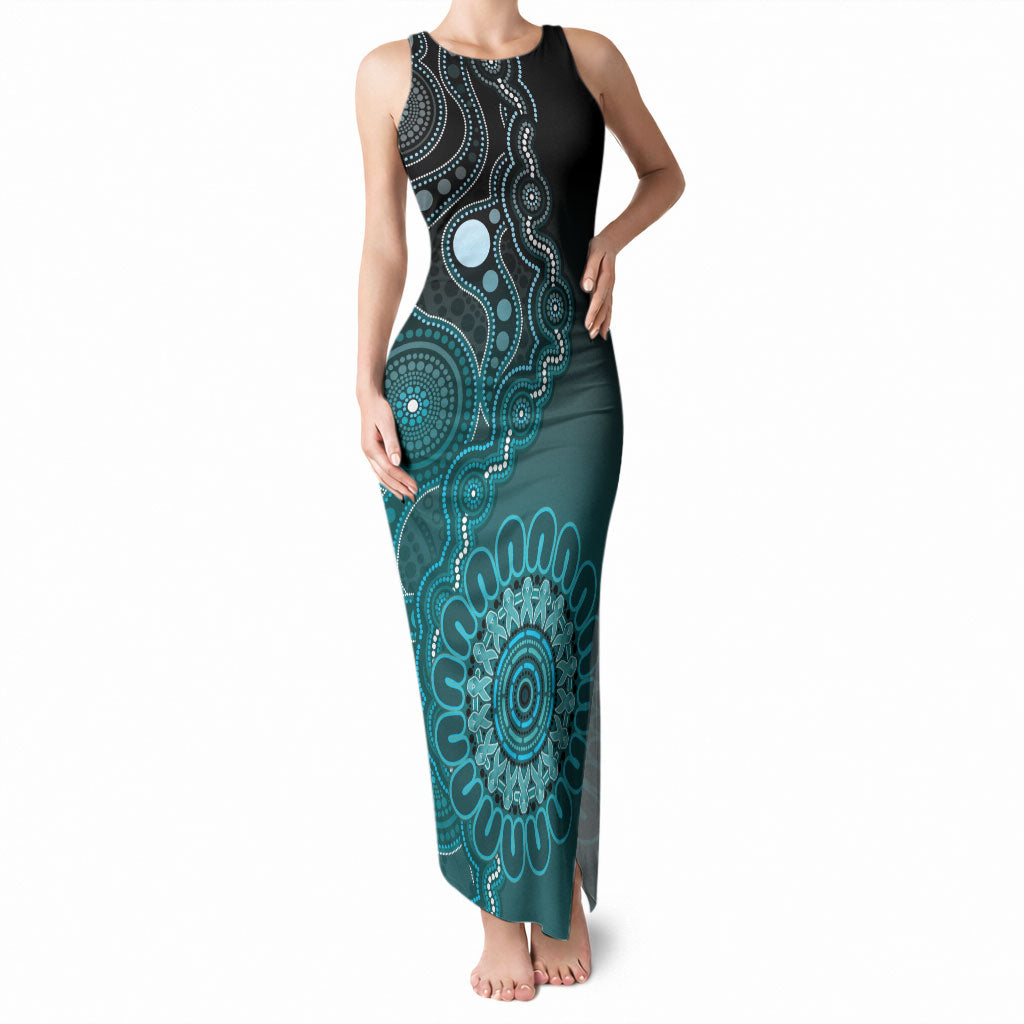 Personalised Ovarian Cancer Support Tank Maxi Dress Teal Ribbon Aboriginal Art