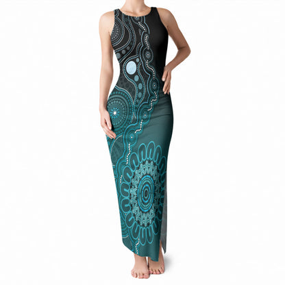 Personalised Ovarian Cancer Support Tank Maxi Dress Teal Ribbon Aboriginal Art