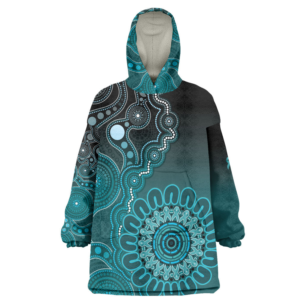 Personalised Ovarian Cancer Support Wearable Blanket Hoodie Teal Ribbon Aboriginal Art