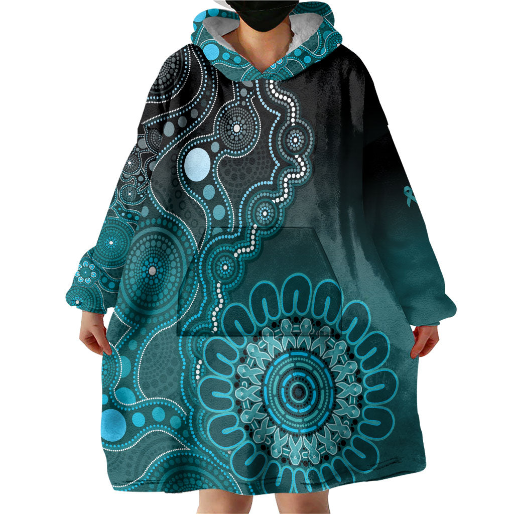 Personalised Ovarian Cancer Support Wearable Blanket Hoodie Teal Ribbon Aboriginal Art