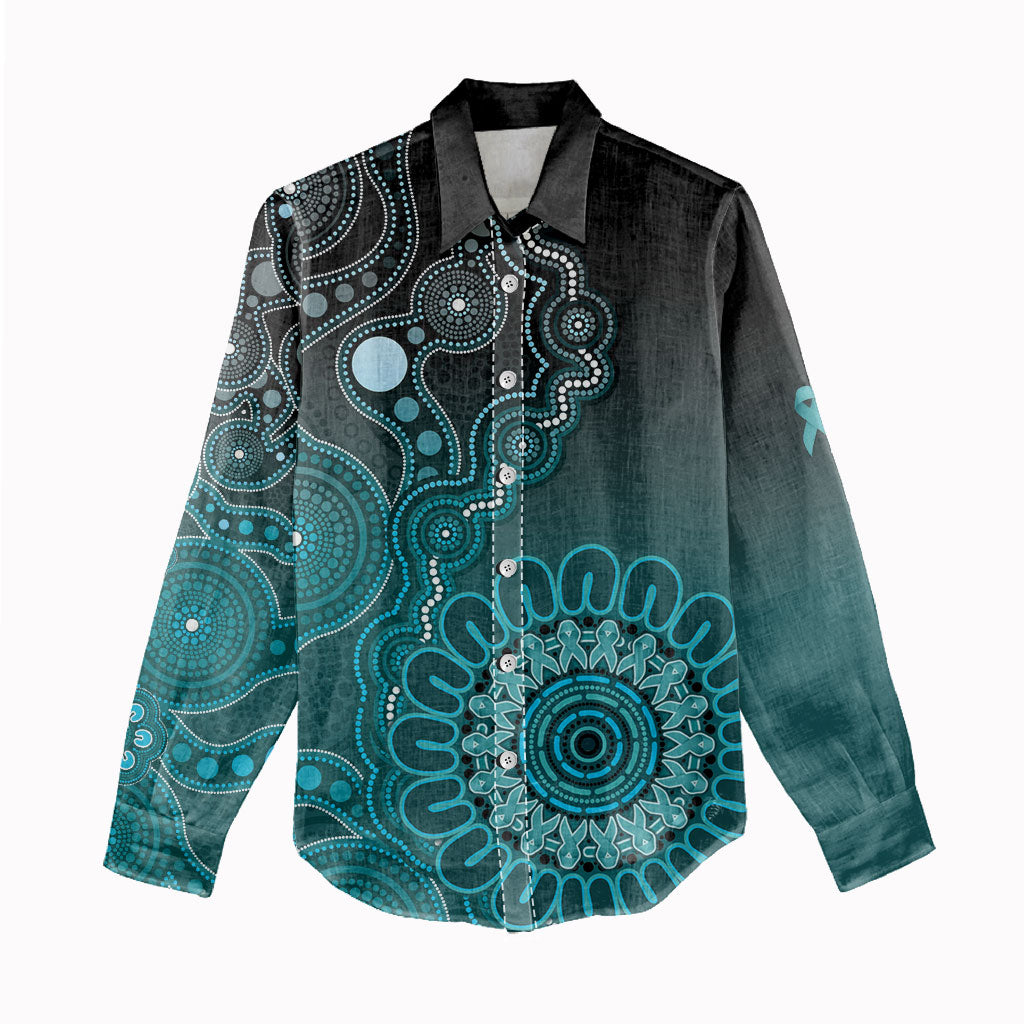 Personalised Ovarian Cancer Support Women Casual Shirt Teal Ribbon Aboriginal Art