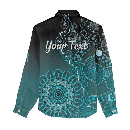 Personalised Ovarian Cancer Support Women Casual Shirt Teal Ribbon Aboriginal Art