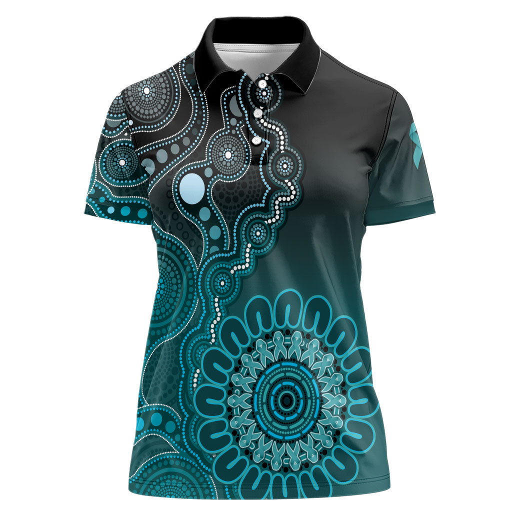 Personalised Ovarian Cancer Support Women Polo Shirt Teal Ribbon Aboriginal Art
