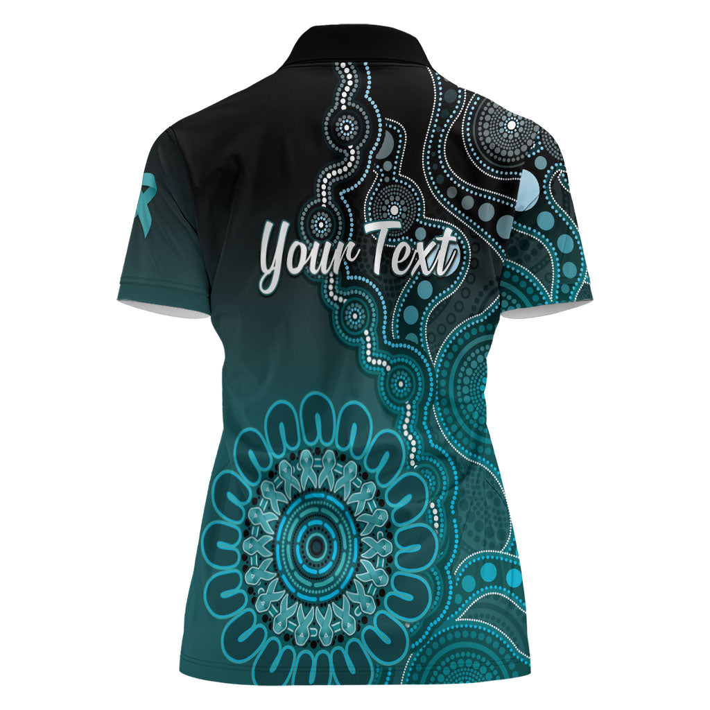 Personalised Ovarian Cancer Support Women Polo Shirt Teal Ribbon Aboriginal Art