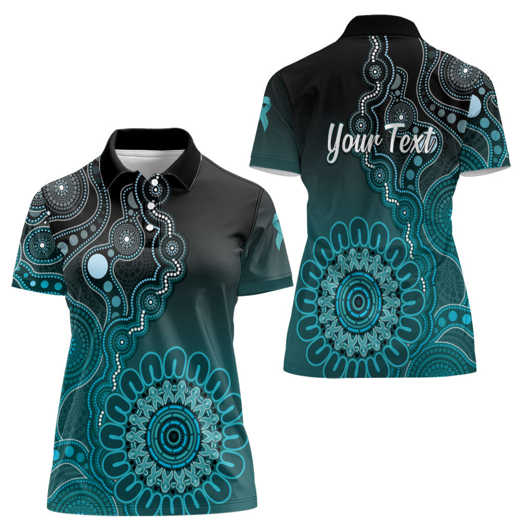 Personalised Ovarian Cancer Support Women Polo Shirt Teal Ribbon Aboriginal Art