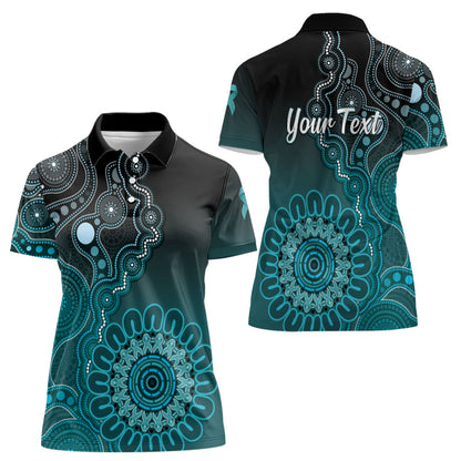Personalised Ovarian Cancer Support Women Polo Shirt Teal Ribbon Aboriginal Art