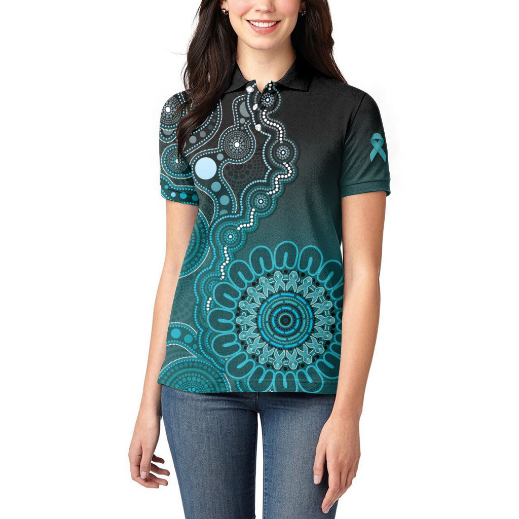 Personalised Ovarian Cancer Support Women Polo Shirt Teal Ribbon Aboriginal Art