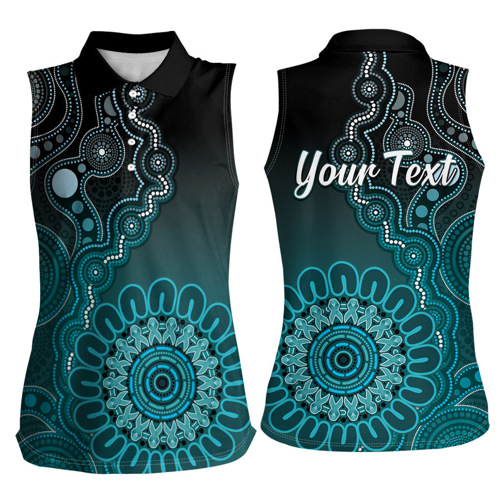 Personalised Ovarian Cancer Support Women Sleeveless Polo Shirt Teal Ribbon Aboriginal Art