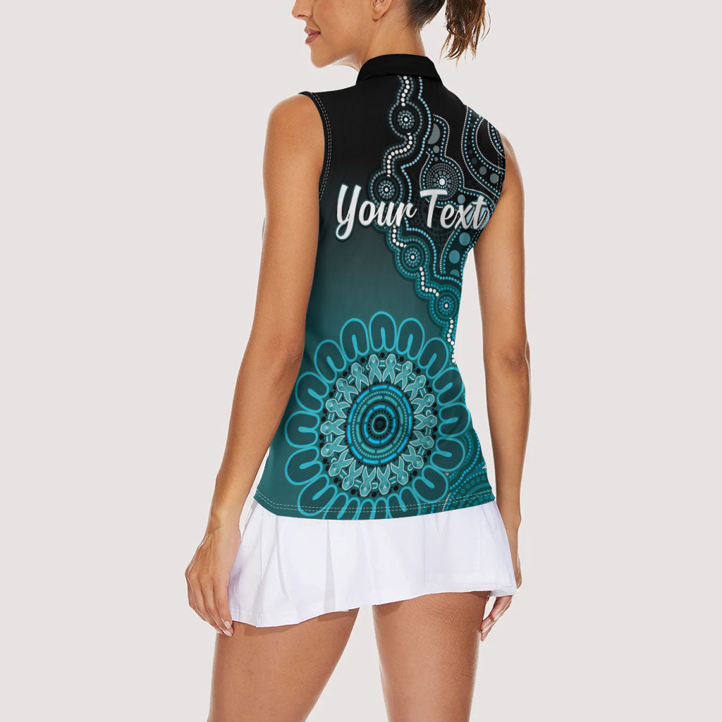 Personalised Ovarian Cancer Support Women Sleeveless Polo Shirt Teal Ribbon Aboriginal Art