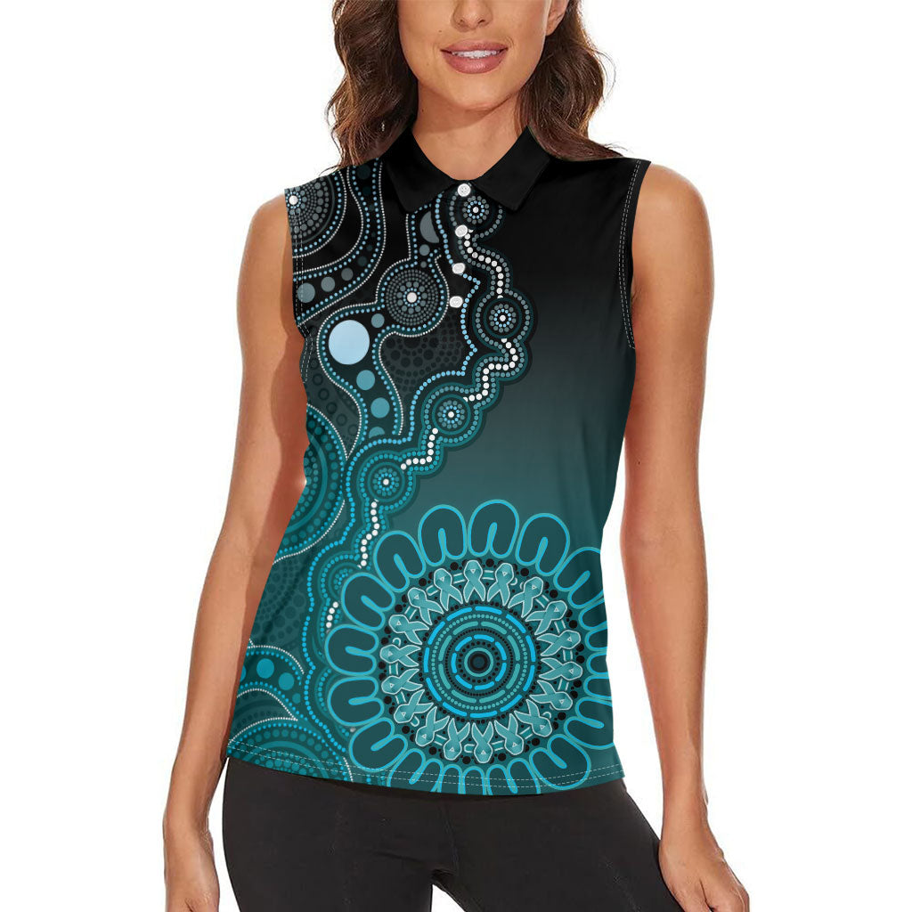 Personalised Ovarian Cancer Support Women Sleeveless Polo Shirt Teal Ribbon Aboriginal Art