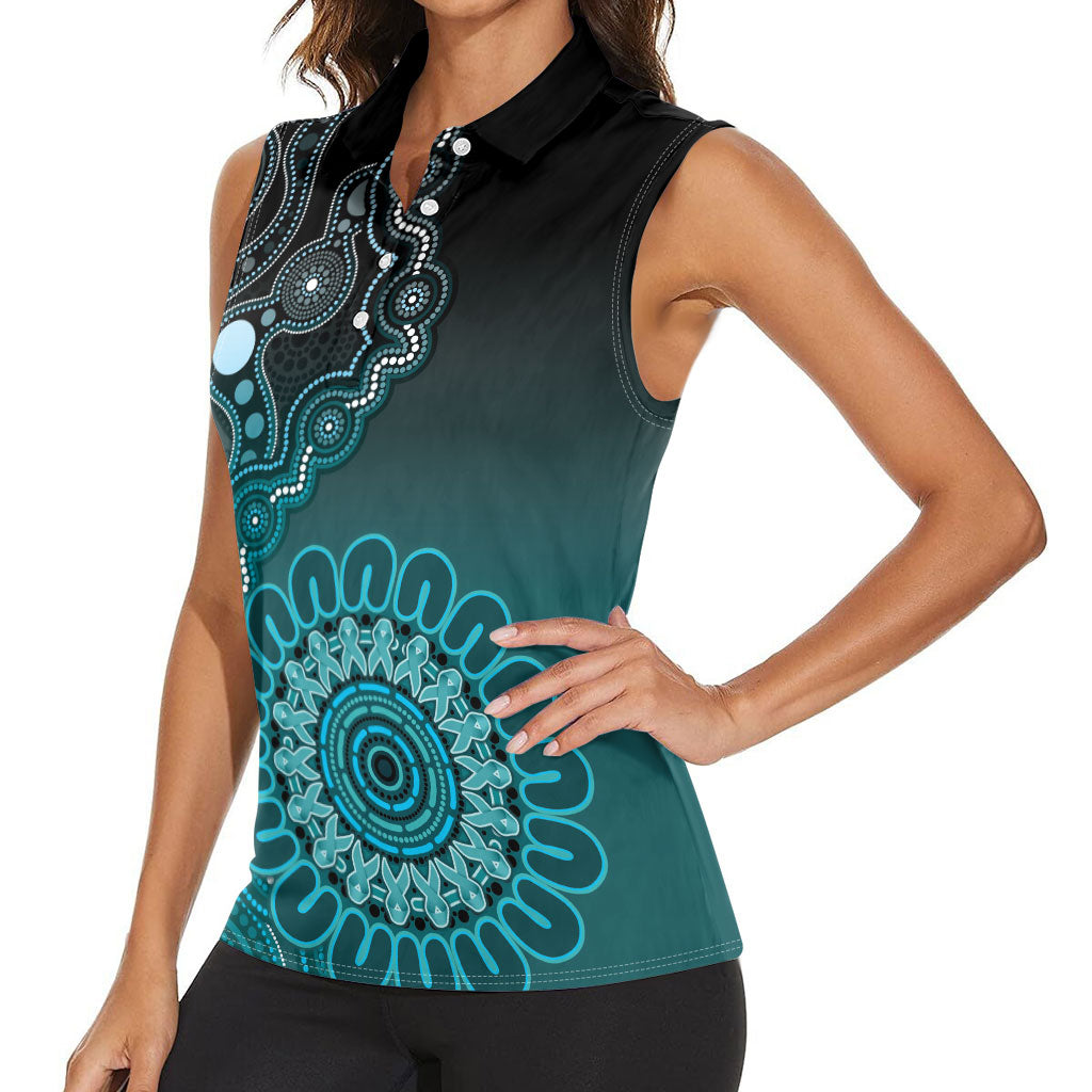 Personalised Ovarian Cancer Support Women Sleeveless Polo Shirt Teal Ribbon Aboriginal Art