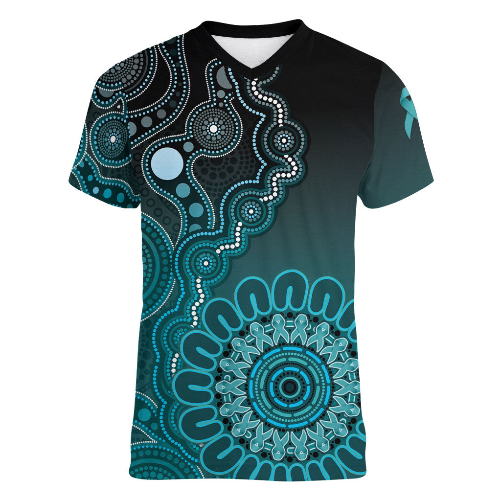 Personalised Ovarian Cancer Support Women V-Neck T-Shirt Teal Ribbon Aboriginal Art