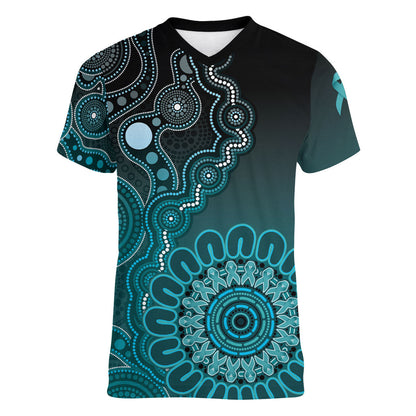 Personalised Ovarian Cancer Support Women V-Neck T-Shirt Teal Ribbon Aboriginal Art