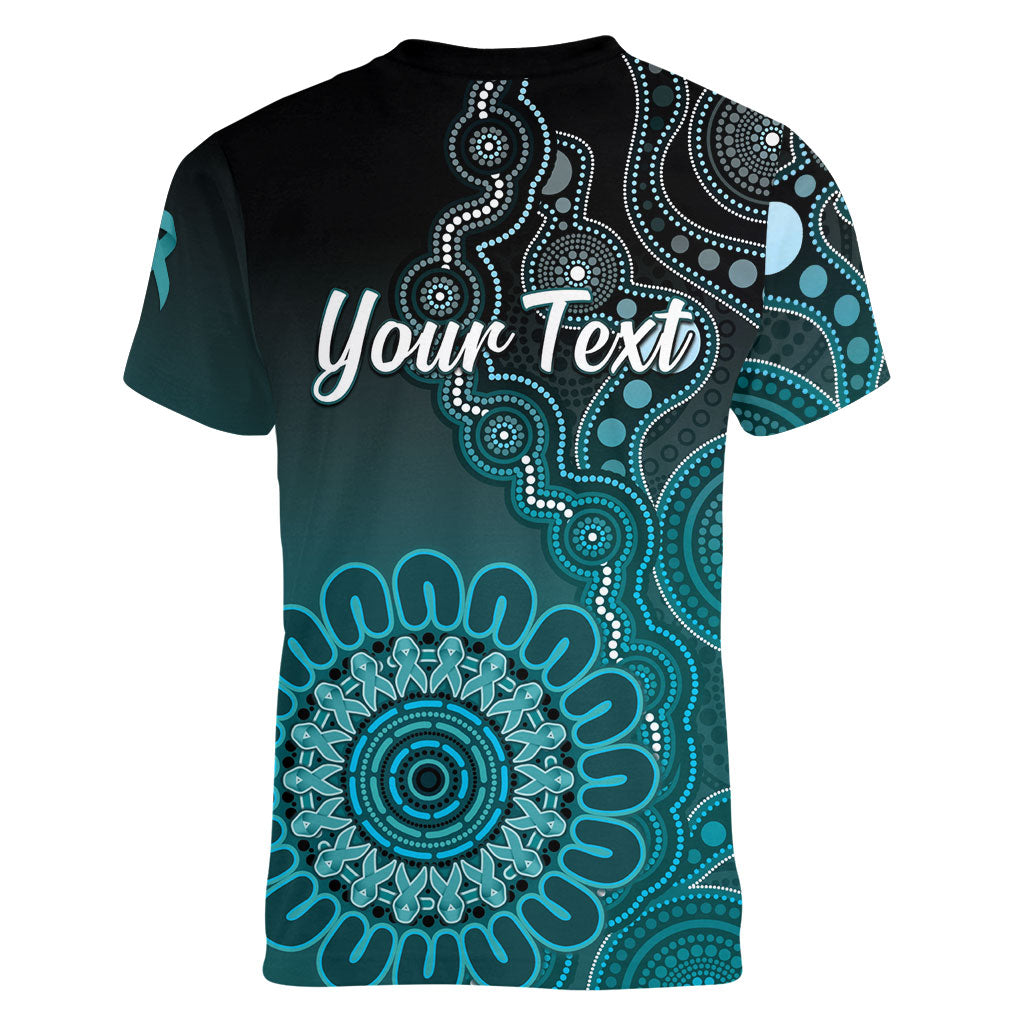 Personalised Ovarian Cancer Support Women V-Neck T-Shirt Teal Ribbon Aboriginal Art