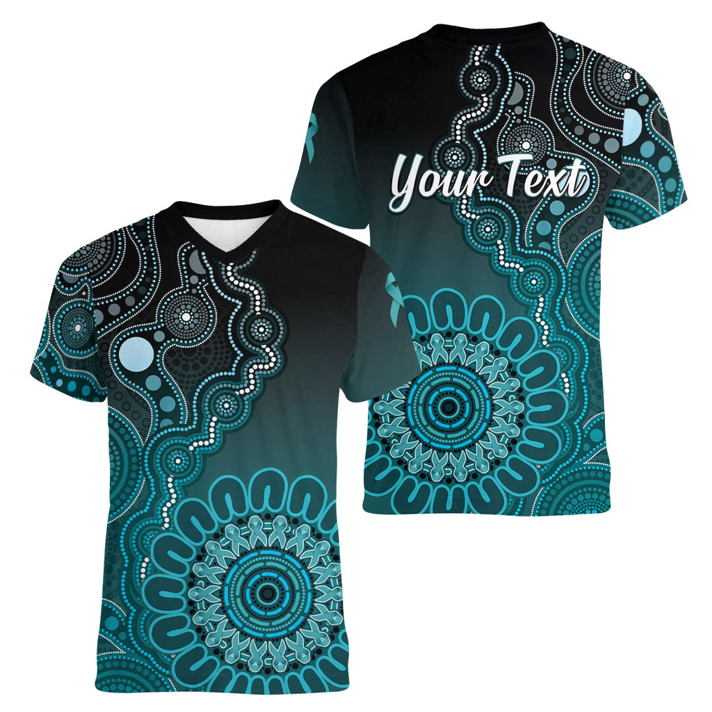 Personalised Ovarian Cancer Support Women V-Neck T-Shirt Teal Ribbon Aboriginal Art
