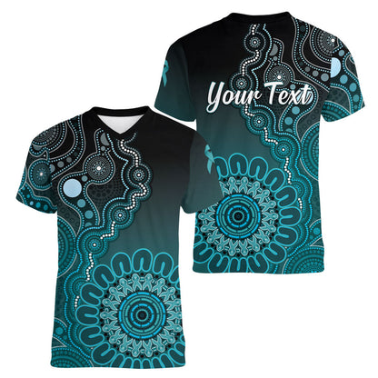 Personalised Ovarian Cancer Support Women V-Neck T-Shirt Teal Ribbon Aboriginal Art