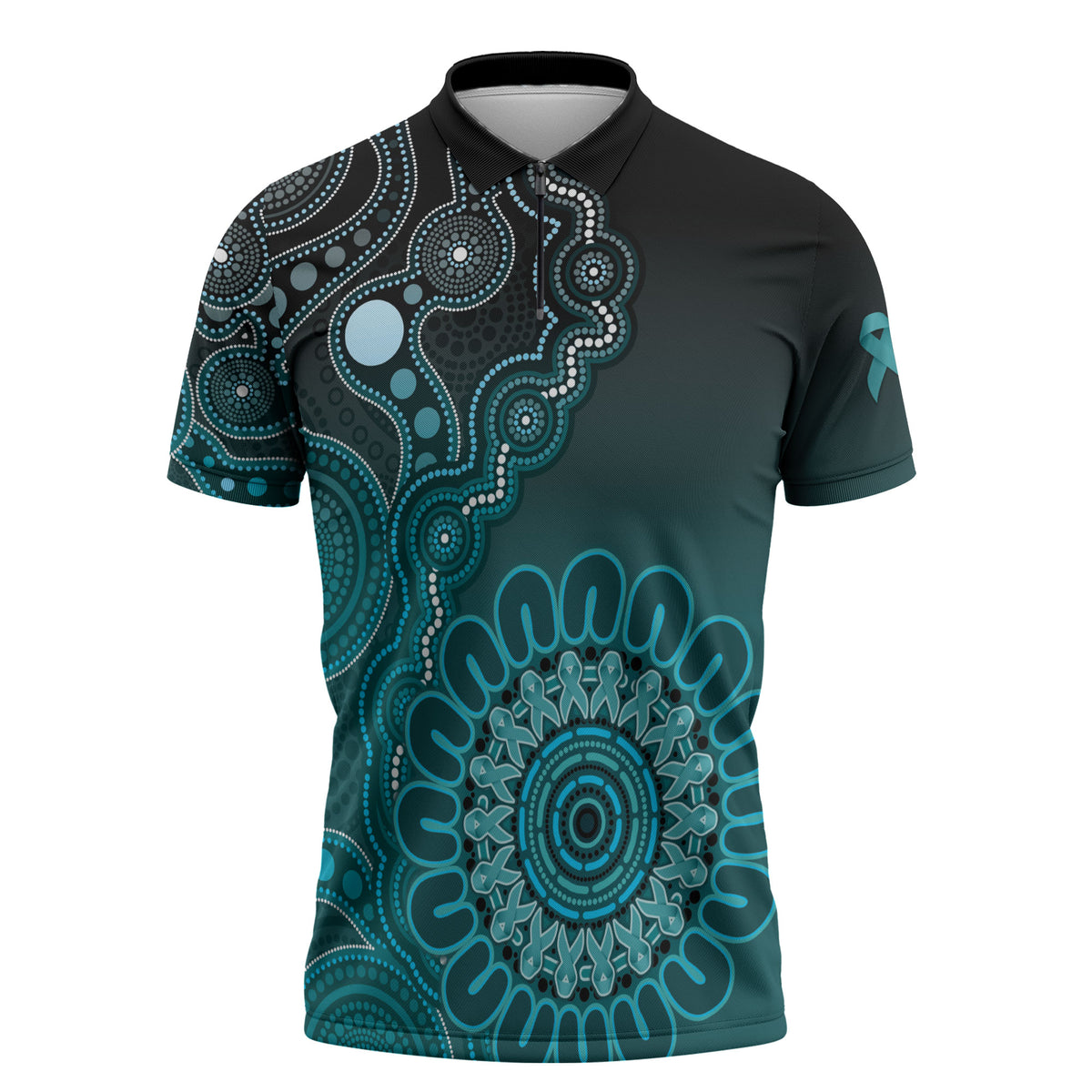 Personalised Ovarian Cancer Support Zipper Polo Shirt Teal Ribbon Aboriginal Art