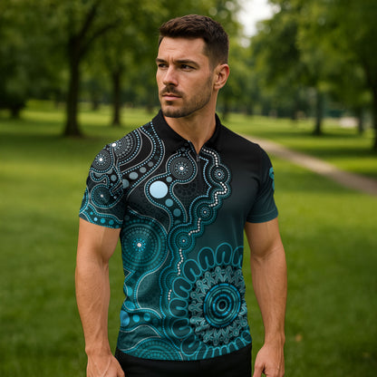 Personalised Ovarian Cancer Support Zipper Polo Shirt Teal Ribbon Aboriginal Art