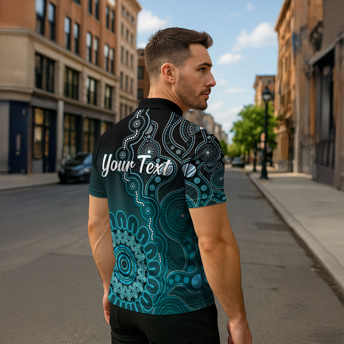 Personalised Ovarian Cancer Support Zipper Polo Shirt Teal Ribbon Aboriginal Art
