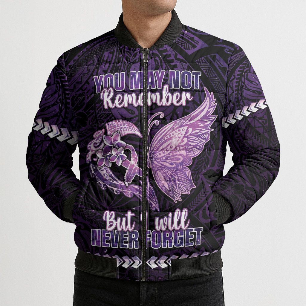 Personalised Alzheimer Support Bomber Puffer Jacket You May Not Remember But I Will Never Forget