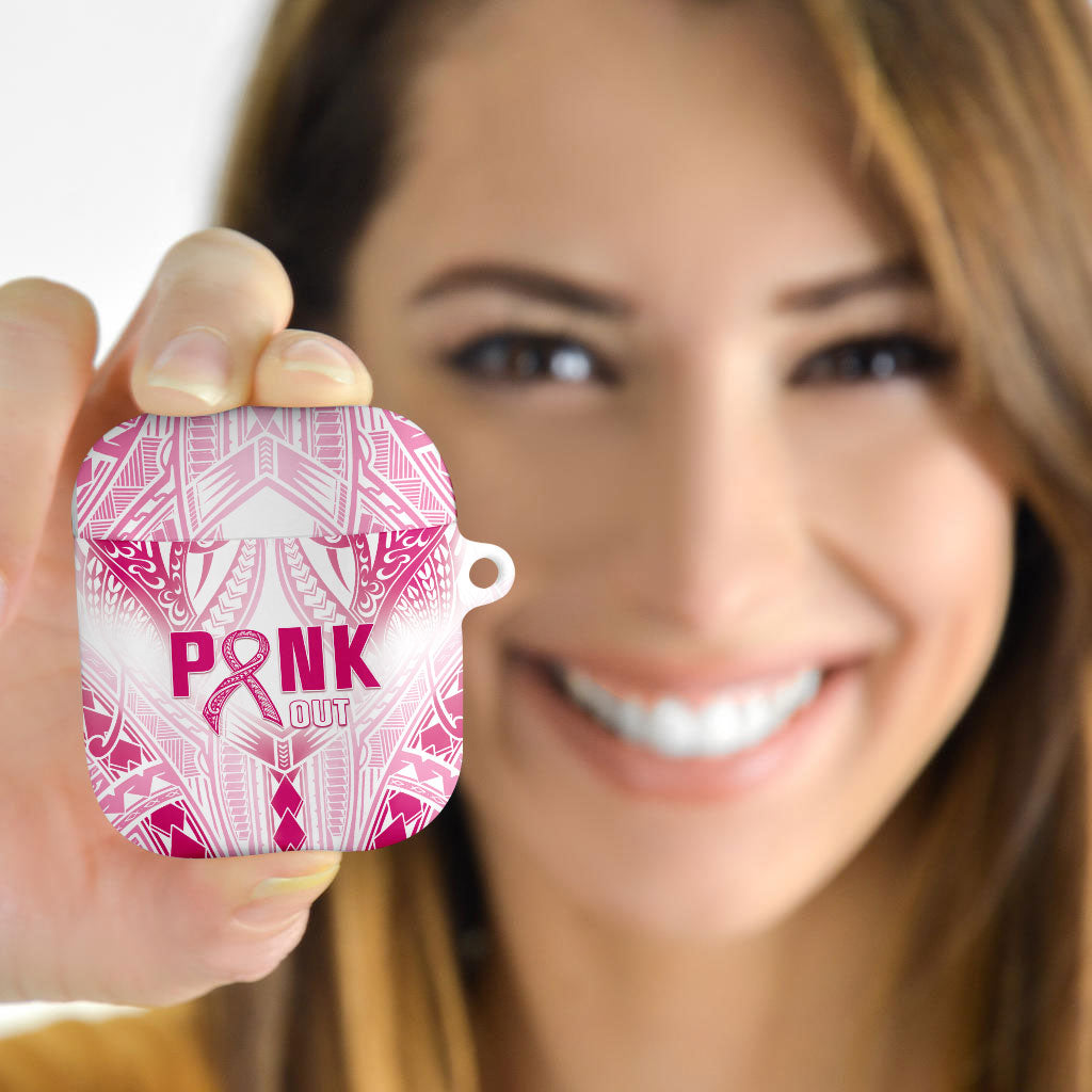 Breast Cancer Pink Out AirPods Case Polynesian Art Tattoo White Version