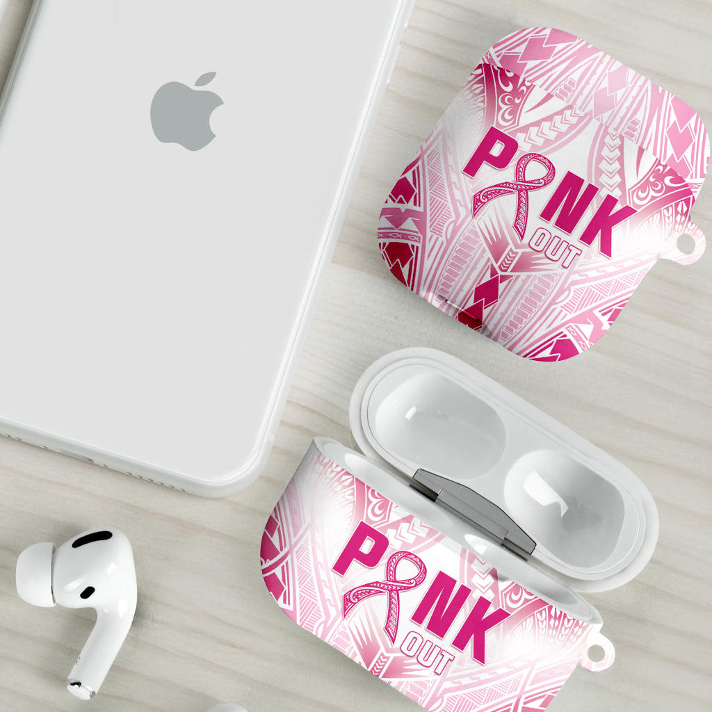 Breast Cancer Pink Out AirPods Case Polynesian Art Tattoo White Version
