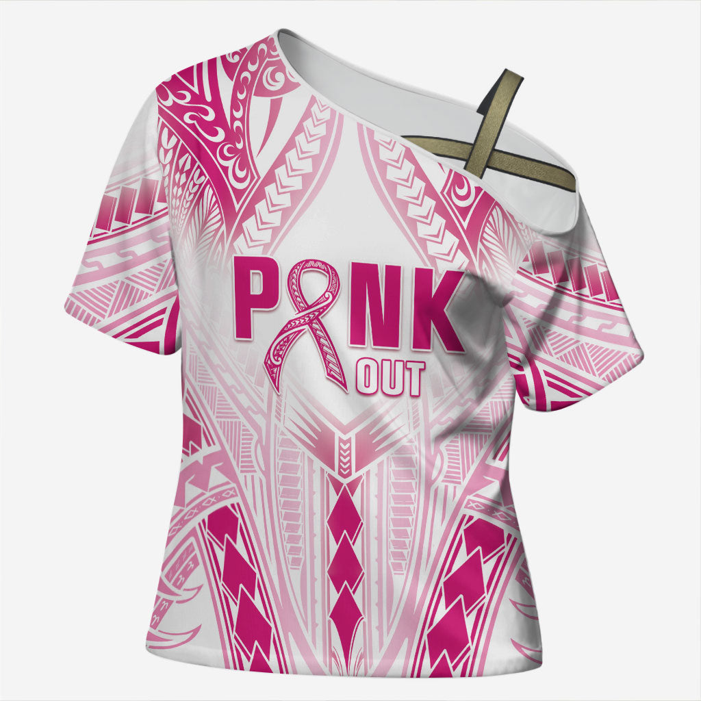 Breast Cancer Pink Out Cross Shoulder Shirt Polynesian Art Tattoo White Version