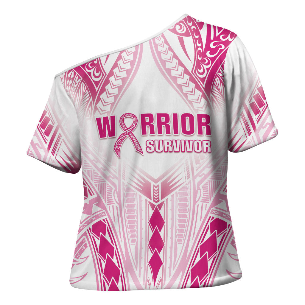 Breast Cancer Pink Out Cross Shoulder Shirt Polynesian Art Tattoo White Version