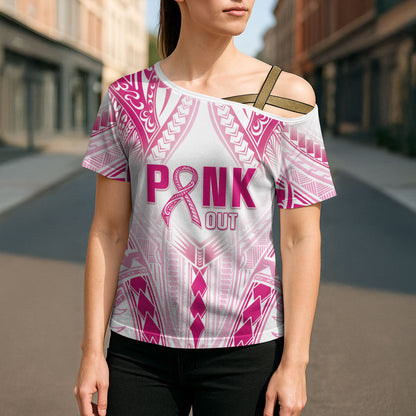 Breast Cancer Pink Out Cross Shoulder Shirt Polynesian Art Tattoo White Version