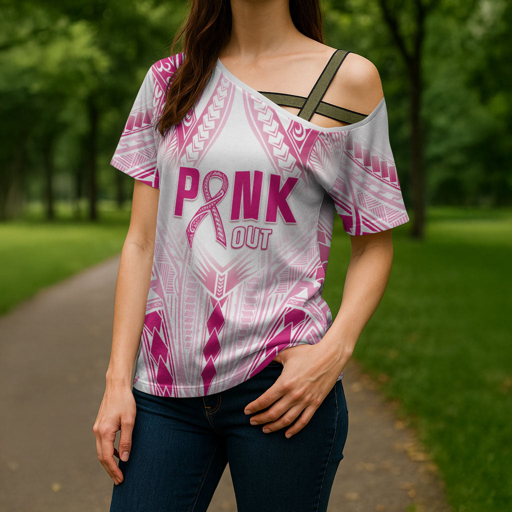 Breast Cancer Pink Out Cross Shoulder Shirt Polynesian Art Tattoo White Version