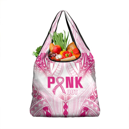 Breast Cancer Pink Out Grocery Bag Polynesian Art Tattoo White Version