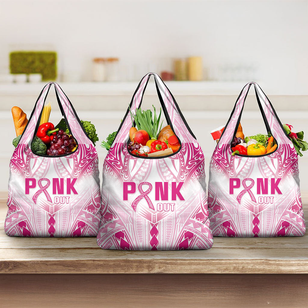 Breast Cancer Pink Out Grocery Bag Polynesian Art Tattoo White Version